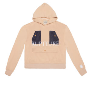 Sudadera con capucha arena Ruptture vista frontal con detalles denim sobre fondo blanco