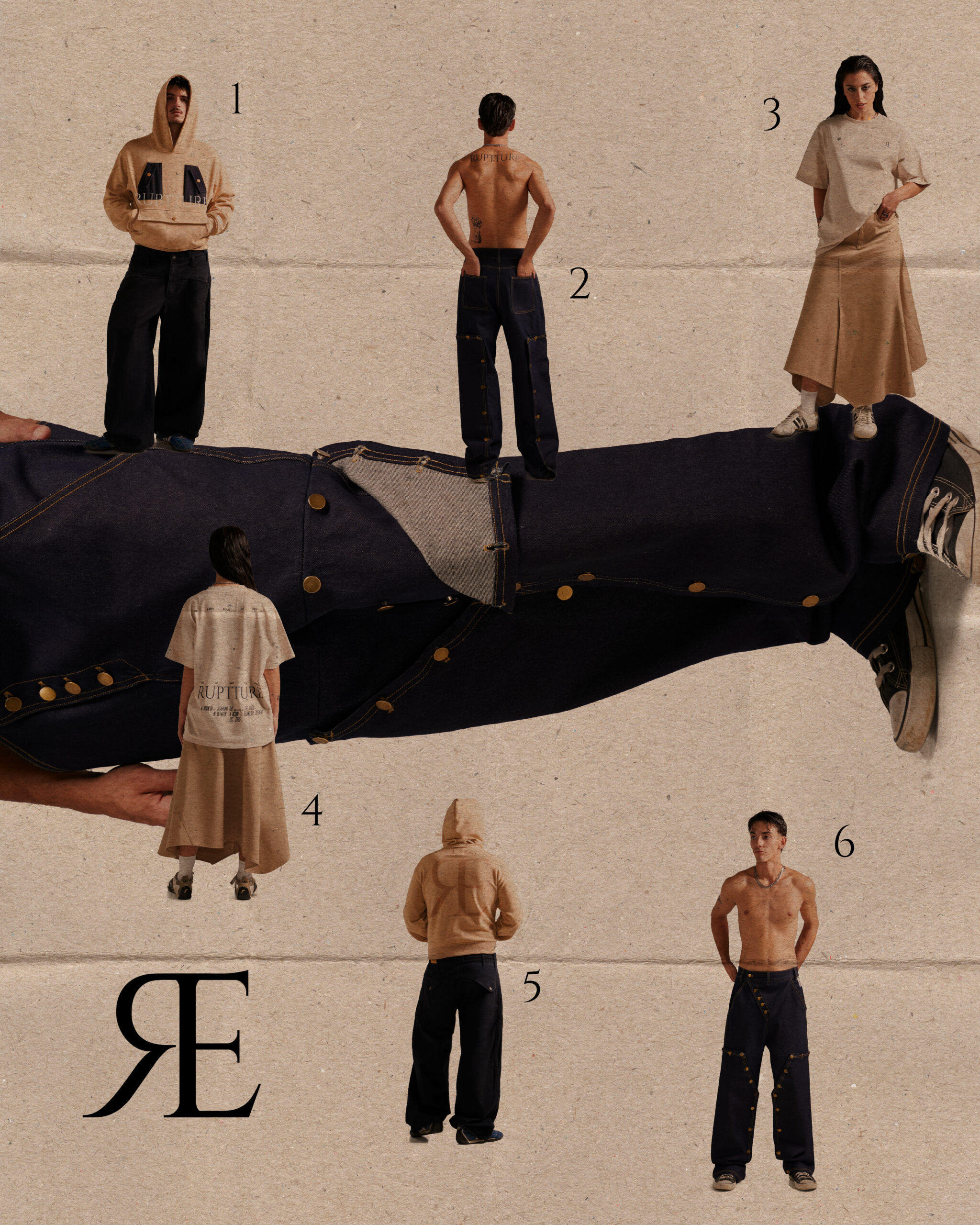 Composición tipo lookbook con seis poses de modelos y prendas Ruptture sobre fondo beige.